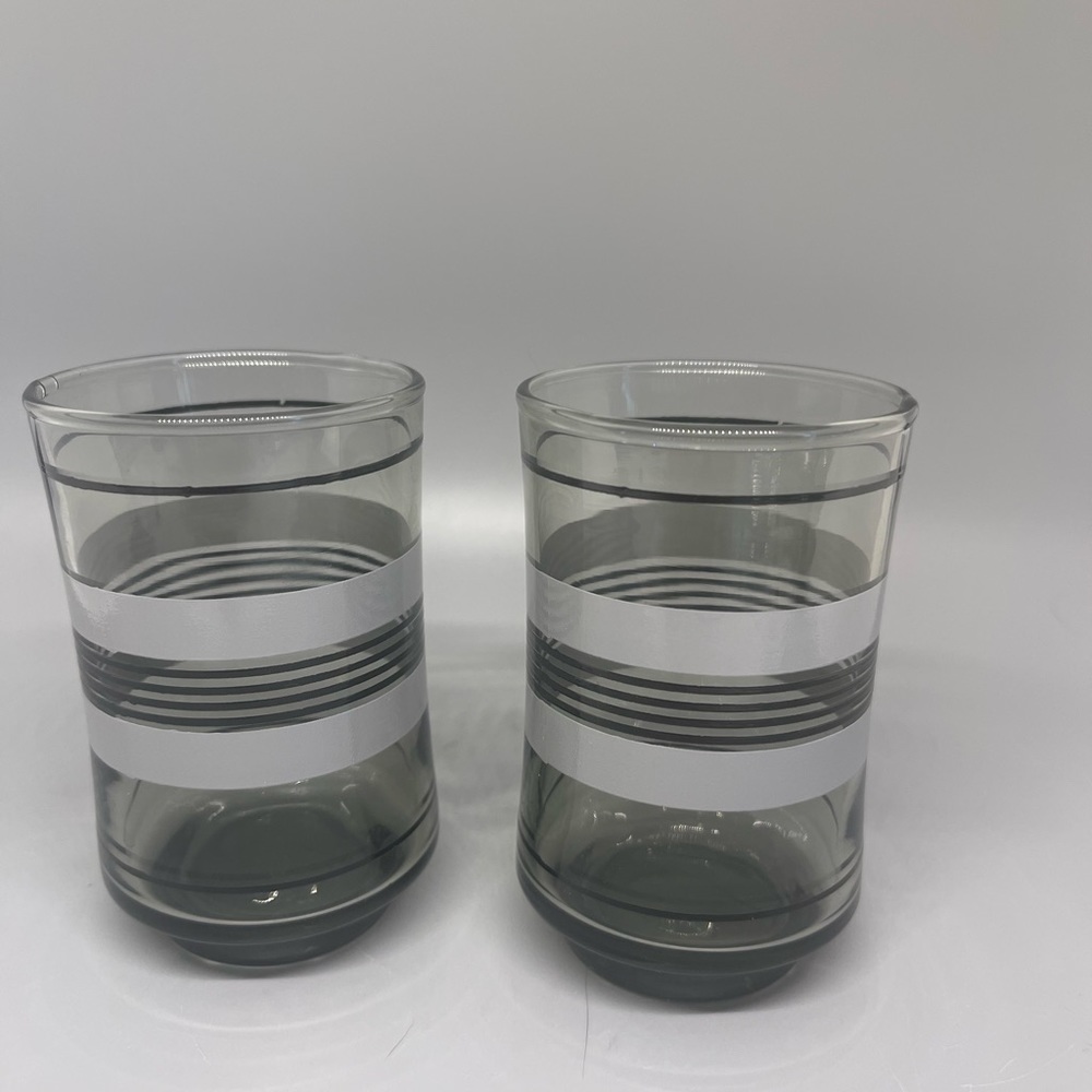 Libby Juice Glass Black Gray Stripes 1970s Smoke Gray 6oz Set Of 2